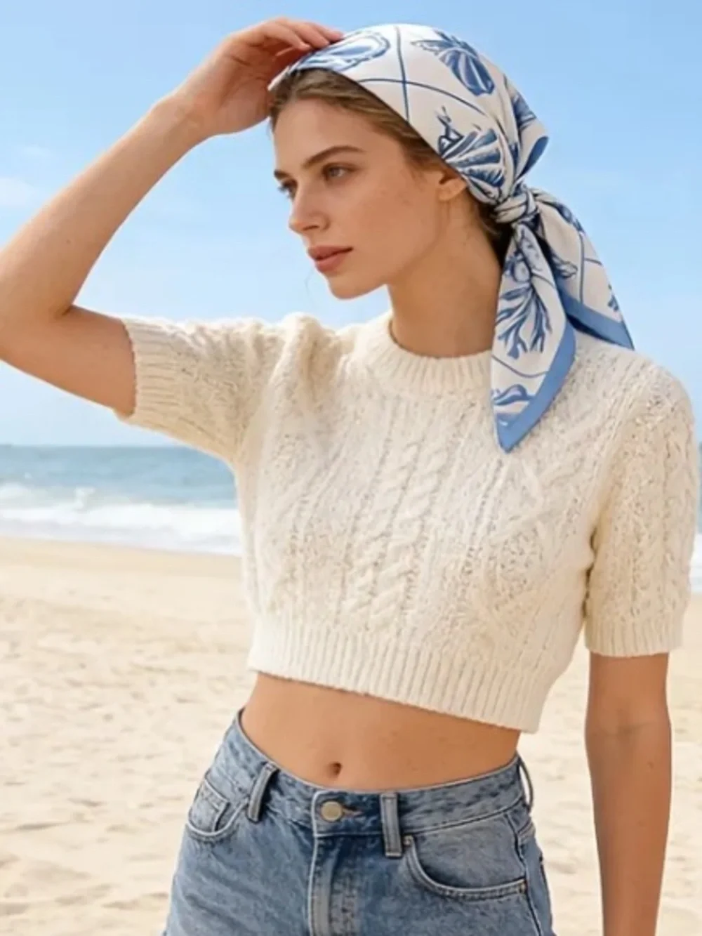 Blue & White Seashell Silk Scarf